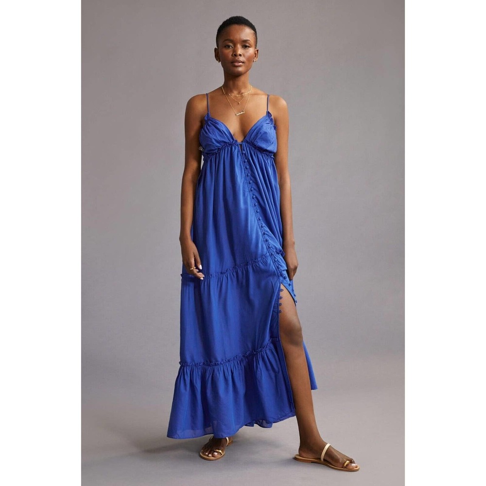 Anthropologie Alissa Tiered Maxi Dress Size XS Blue Buttons Vacation $230 NWT
